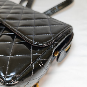 CHANEL Black Flap Backpack Patent Leather Gold CC Logo Hardware