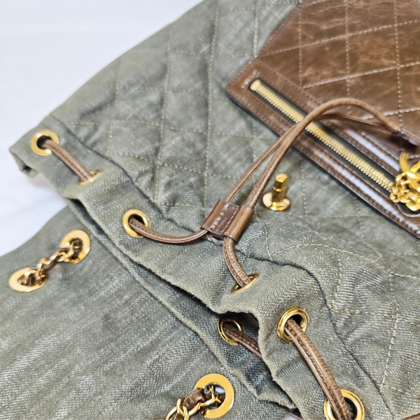 Load image into Gallery viewer, CHANEL Khaki / Brown Quilted Denim and Leather CC Backpack
