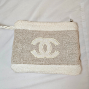 CHANEL Cotton CC Beach Tote Towel Bag Beige White