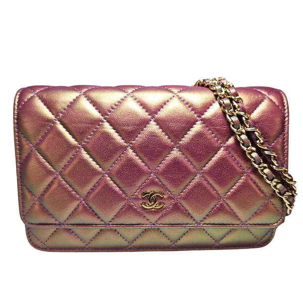 将图片加载到图库查看器，CHANEL Iridescent Purple Matelasse  Calfskin Wallet on Chain Pale Gold Hardware (WOC)
