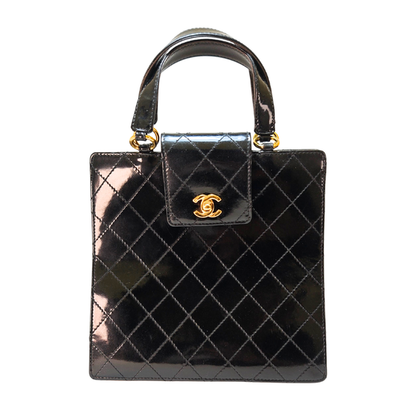 將圖片載入圖庫檢視器 CHANEL Matelasse Turn Lock Hand Bag Patent Leather Black CC
