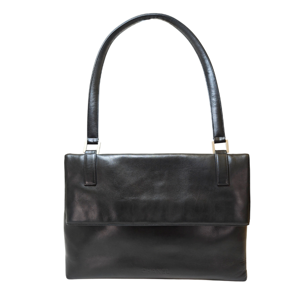 Load image into Gallery viewer, CHANEL Shoulder Black Leather Bag with Embossed CHANEL Logo
