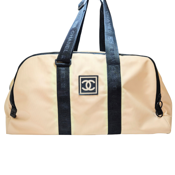 Load image into Gallery viewer, CHANEL Sport Line Boston Travel Nylon Duffle Bag Black Beige CC Logo
