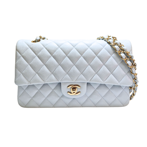 CHANEL スカイ ベイビー ブルー キャビアスキン  マトラッセ ダブルフラップ 25 ショルダーバッグ 