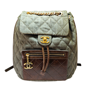 CHANEL Khaki / Brown Quilted Denim and Leather CC Backpack