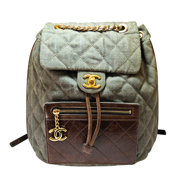 Load image into Gallery viewer, CHANEL Khaki / Brown Quilted Denim and Leather CC Backpack
