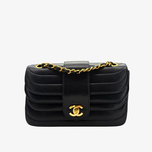 CHANEL Vintage Lambskin Horizontal Stripes Black Flap Bag