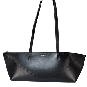 LOEWE Cropped Puzzle Fold Shoulder Bag In Shiny Calfskin Black
