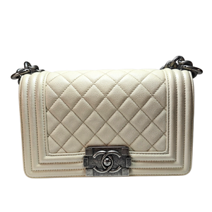 CHANEL Mini Boy White Caviar skin Flap Bag