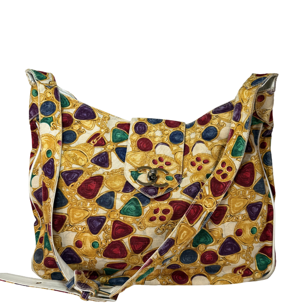 Load image into Gallery viewer, CHANEL Vintage Gripoix Large Canvas and Leather Shoulder Bag 1980s
