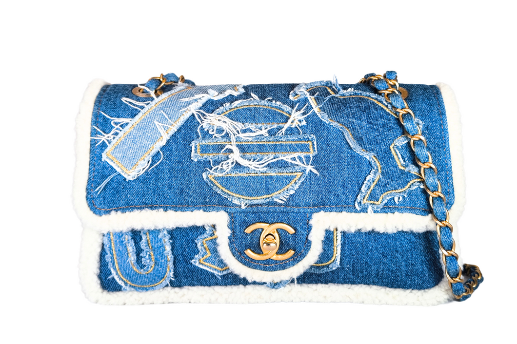 CHANEL Egyptian Hieroglyph Flap Bag Denim and Shearling Medium