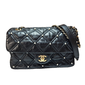 CHANEL Black Pearl Studded Quilted Flap Bag