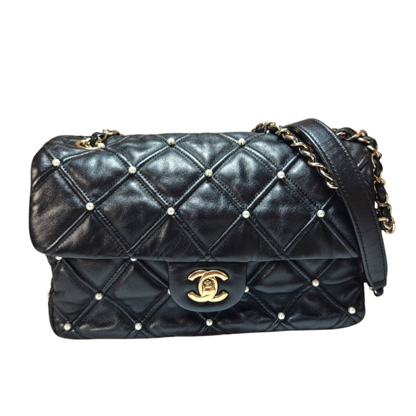Load image into Gallery viewer, CHANEL Black Pearl Studded Quilted Flap Bag
