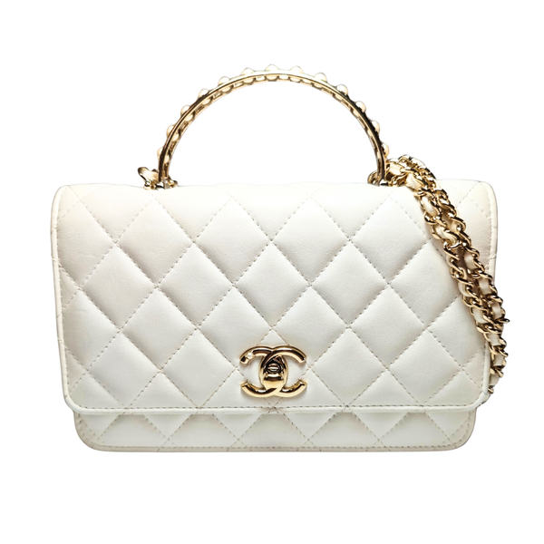 Load image into Gallery viewer, CHANEL Pearl Top Handle White Lambskin Wallet on Chain
