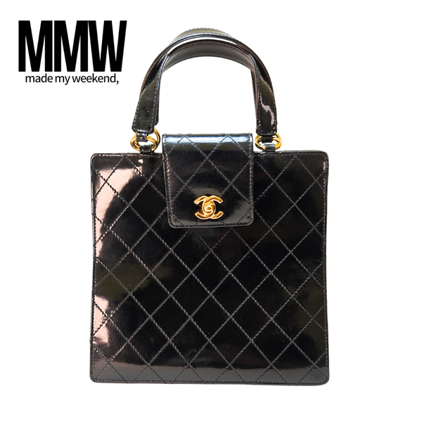 將圖片載入圖庫檢視器 CHANEL Matelasse Turn Lock Hand Bag Patent Leather Black CC
