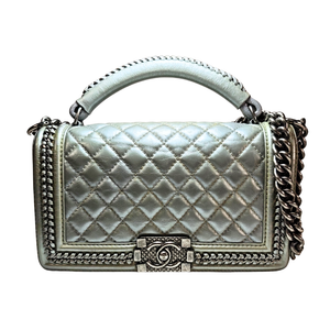 CHANEL Boy Top Handle Silver Lambskin Flap Bag