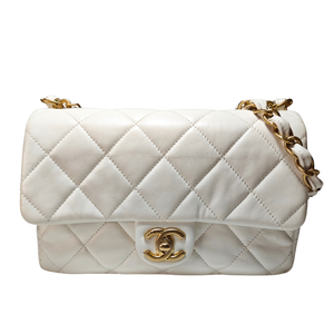 CHANEL Mini White Quilted Lambskin Leather Coin Charm Flap Bag