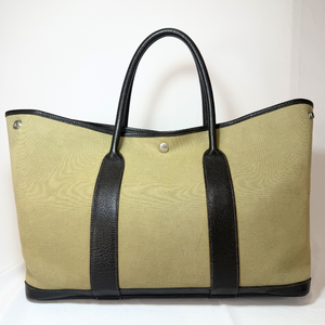 HERMES Garden Party PM T Stamp Khaki Silver Hardware Toile Tote Bag