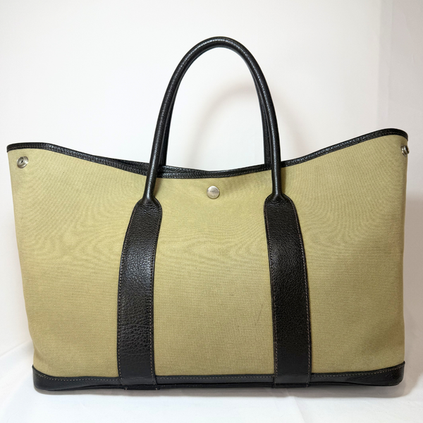 將圖片載入圖庫檢視器 HERMES Garden Party PM T Stamp Khaki Silver Hardware Toile Tote Bag
