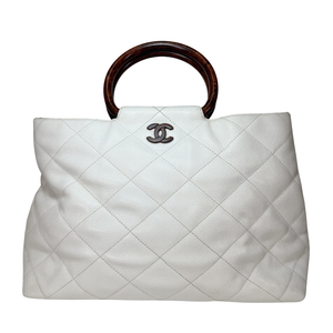 CHANEL Vintage White Caviarskin Leather Wood Handle Hand Bag