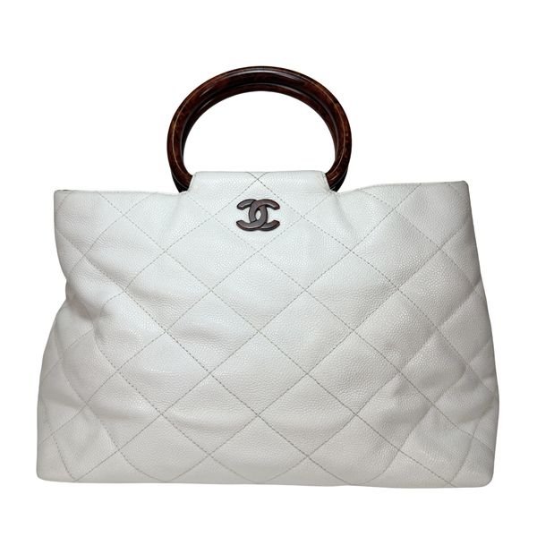 Load image into Gallery viewer, CHANEL Vintage White Caviarskin Leather Wood Handle Hand Bag
