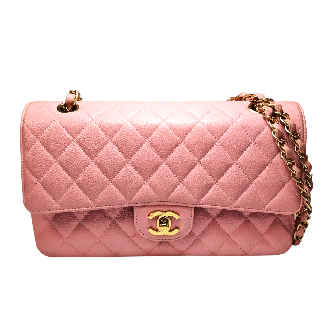 ④CHANEL キャビアスキン パース ピンク CHANEL サクラピンク キャビアスキンレザー フラップバッグ 25