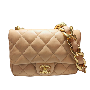CHANEL Beige Quilted Lambskin Mini Funky Town Flap Aged Gold Hardware, 2022