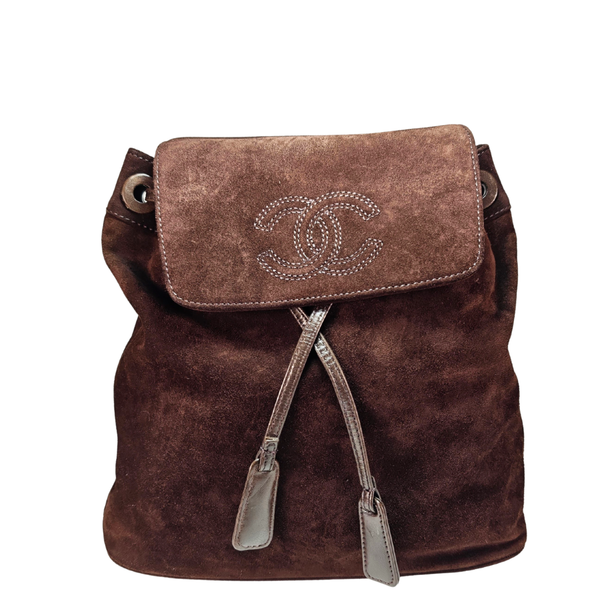 Load image into Gallery viewer, CHANEL Vintage CC Logo Brown Suede Drawstring Flap Backpack Bag
