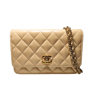 CHANEL Pearl Beige Matelasse Lamb skin Wallet on Chain