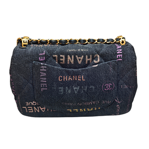 CHANEL Black Logo Printed Quilted Denim Small Mood Flap Bag Aged Gold Hardware, 2022