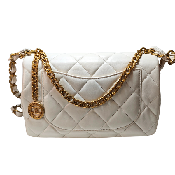 Load image into Gallery viewer, CHANEL Mini White Quilted Lambskin Leather Coin Charm Flap Bag
