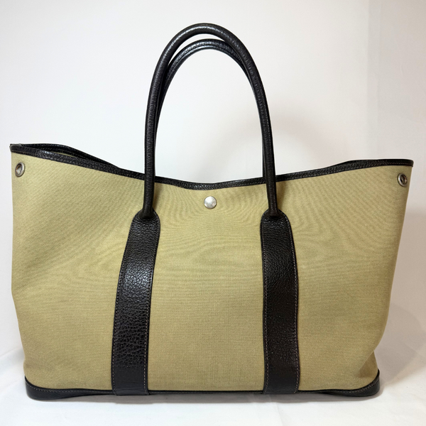 將圖片載入圖庫檢視器 HERMES Garden Party PM T Stamp Khaki Silver Hardware Toile Tote Bag
