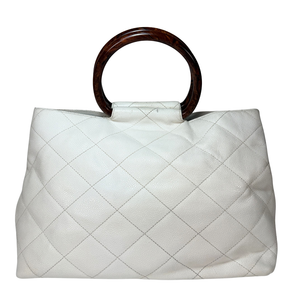 CHANEL Vintage White Caviarskin Leather Wood Handle Hand Bag