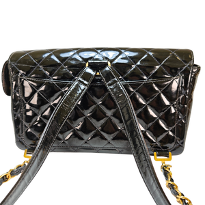 CHANEL Black Flap Backpack Patent Leather Gold CC Logo Hardware