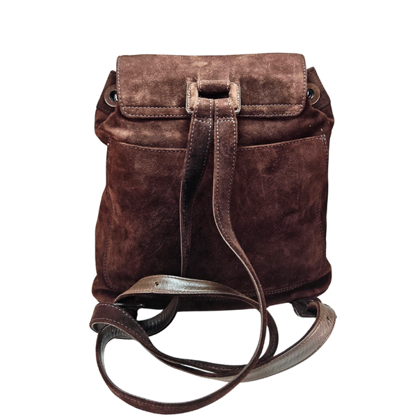 Load image into Gallery viewer, CHANEL Vintage CC Logo Brown Suede Drawstring Flap Backpack Bag
