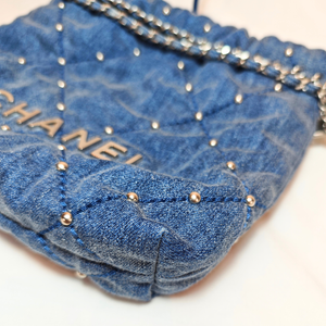 CHANEL 22 Chain Quilted Studded Denim Mini hobo bag