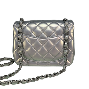 CHANEL Metallic Silver Calfskin Square Classic Flap Bag
