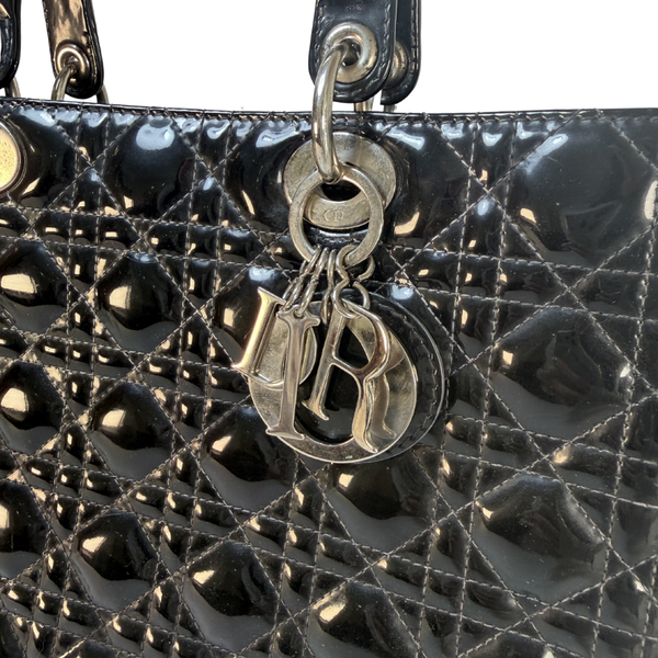 将图片加载到图库查看器，Lady Dior Patent Leather Black Quilted Large Handbag
