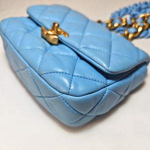 CHANEL Mini Blue Quilted Lacquered Lambskin Leather Chain Flap Bag