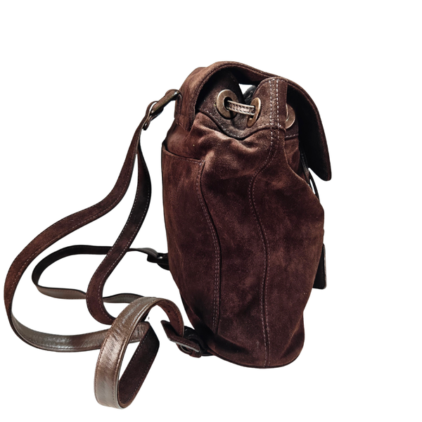 Load image into Gallery viewer, CHANEL Vintage CC Logo Brown Suede Drawstring Flap Backpack Bag
