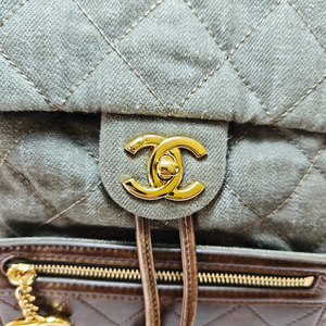 CHANEL Khaki / Brown Quilted Denim and Leather CC Backpack
