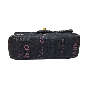 CHANEL Black Logo Printed Quilted Denim Small Mood Flap Bag Aged Gold Hardware, 2022