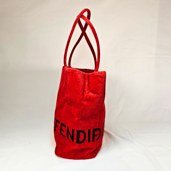 将图片加载到图库查看器，FENDI Vintage Red Velvet Canvas Logo Tote Bag
