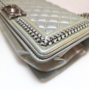 CHANEL Boy Top Handle Silver Lambskin Flap Bag