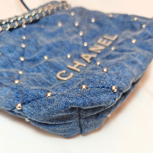 CHANEL 22 Chain Quilted Studded Denim Mini hobo bag
