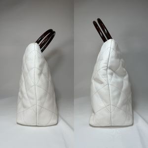 CHANEL Vintage White Caviarskin Leather Wood Handle Hand Bag