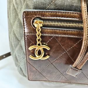 CHANEL Khaki / Brown Quilted Denim and Leather CC Backpack
