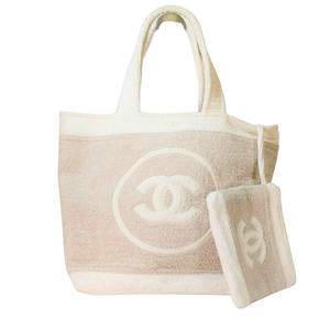 CHANEL Cotton CC Beach Tote Towel Bag Beige White