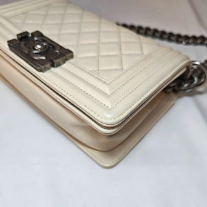 CHANEL Mini Boy White Caviar skin Flap Bag