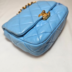 CHANEL Mini Blue Quilted Lacquered Lambskin Leather Chain Flap Bag